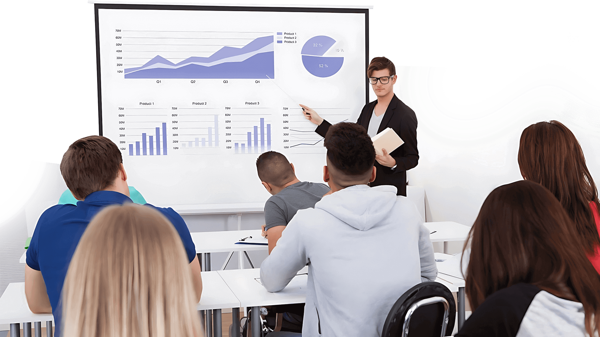 A woman standing in front of a whiteboard.